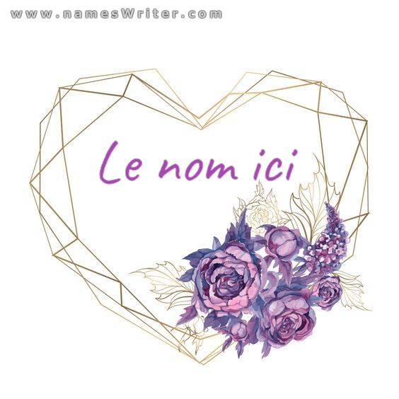 Un dessin de roses mauves pour votre nom en forme de coeur