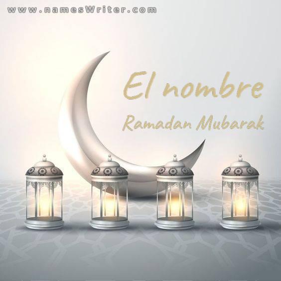 Tu nombre con la media luna de Ramadán sobre un fondo distintivo