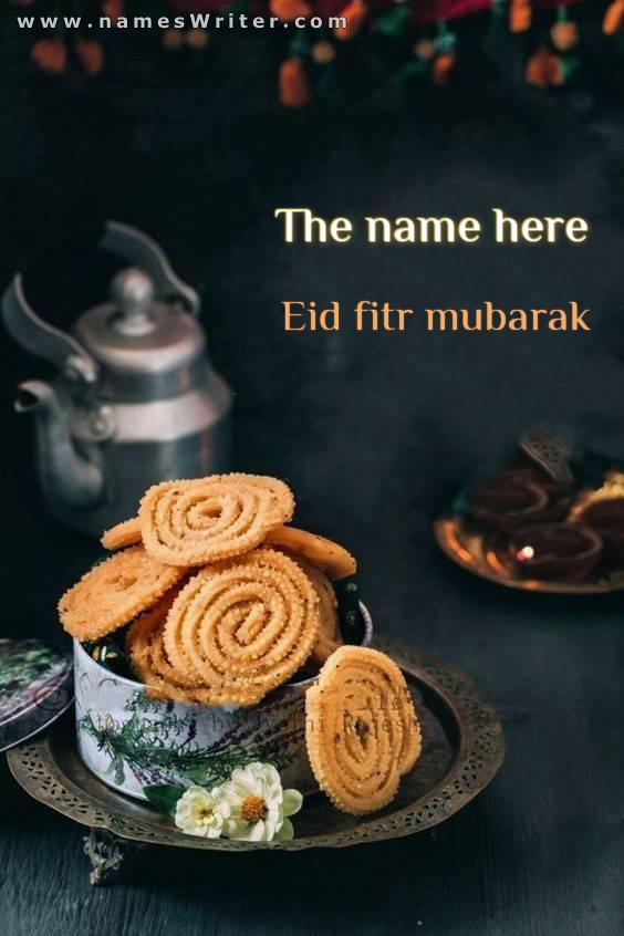 A special card to congratulate Eid Al-Fitr Mubarak with biscuits