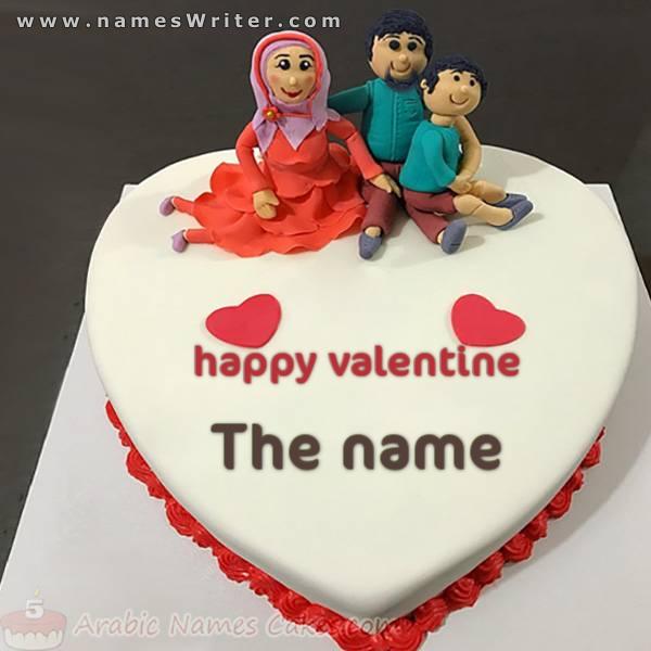White Heart Cake with Stereoscopic Drawings for Mom, Dad and Child