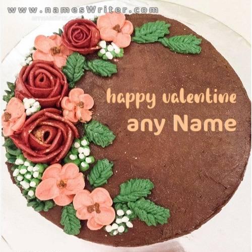 Rengarenk çiçeklerle süslenmiş çikolatalı kek