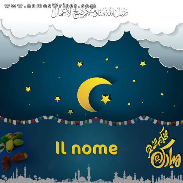 Biglietto di auguri con la luna crescente e decorazioni per il mese sacro del Ramadan