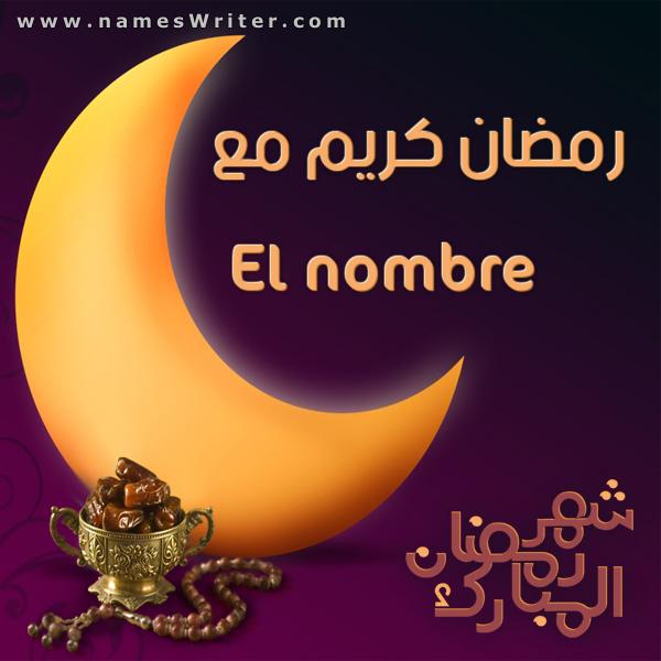 Tarjeta de felicitación con luna creciente, rosario, fechas y Ramadán Mubarak