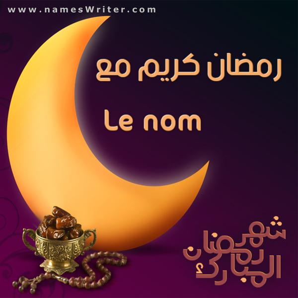 Carte de voeux avec croissant de lune, chapelet, dates et Ramadan Moubarak