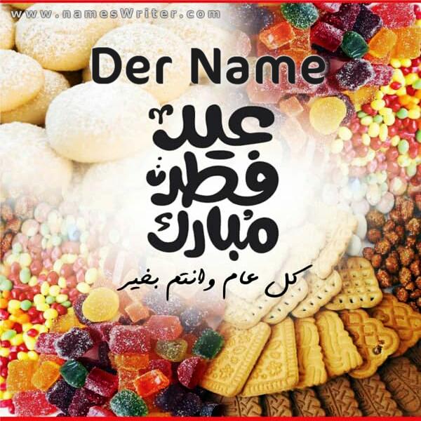 Grußkarte (Eid Al-Fitr Mubarak) mit Süßigkeiten und Kuchen