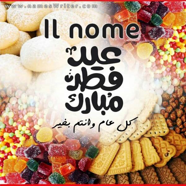 Biglietto di auguri (Eid Al-Fitr Mubarak) con dolci e torte