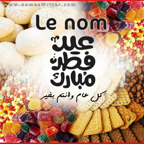 Carte de voeux (Eid Al-Fitr Mubarak) avec des bonbons et des gâteaux