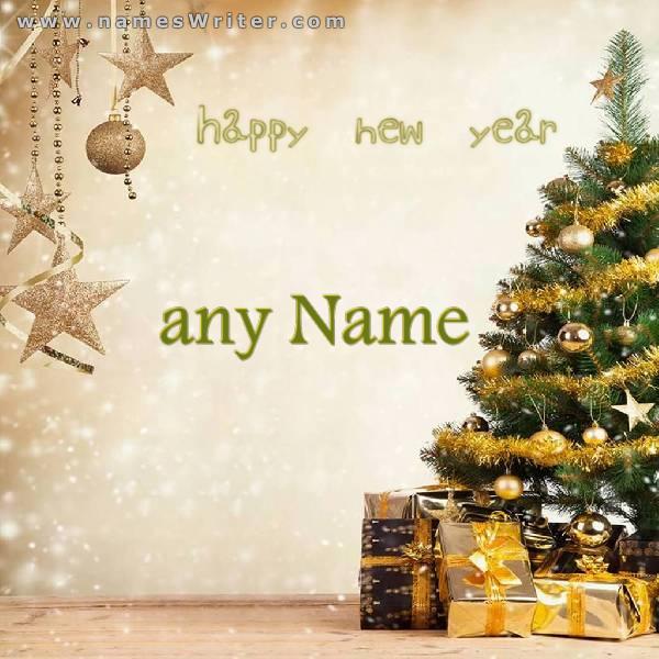 Your name on a beige background with a Christmas tree