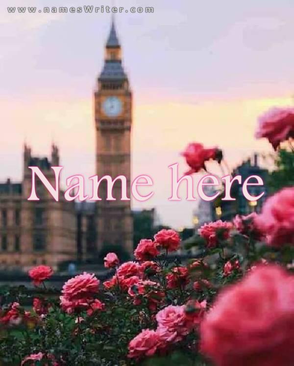 A picture of the name on a background of pink roses
