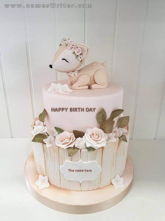 Birthday cake for children with a cartoon character and a word