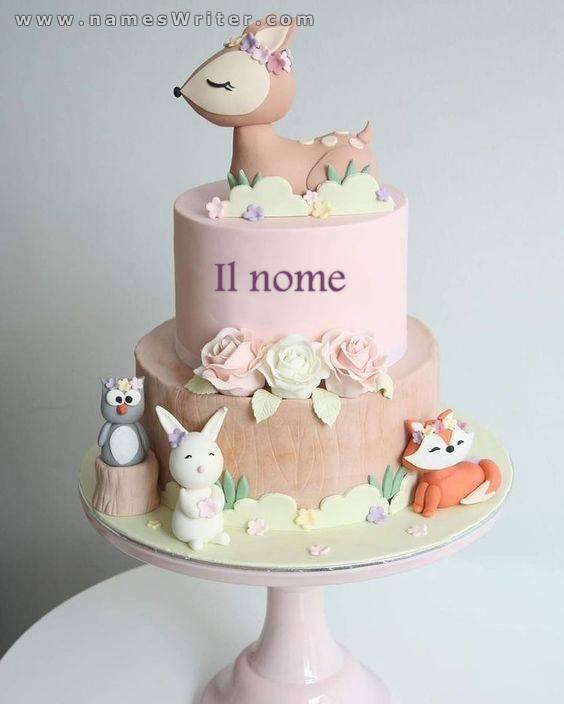 Il tuo nome sulla torta rosa con un orsacchiotto