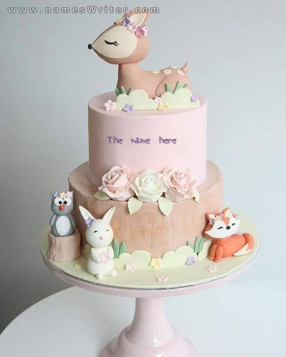 Your name on Pink cake with a teddy bear