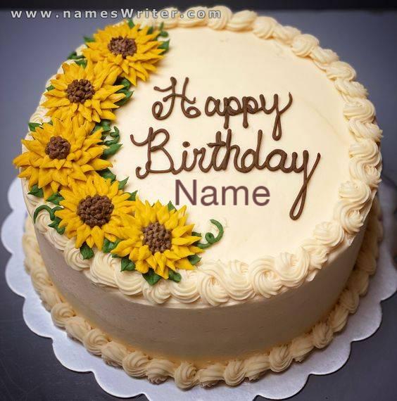 Your name on a thin and distinctive cake and sunflowers.